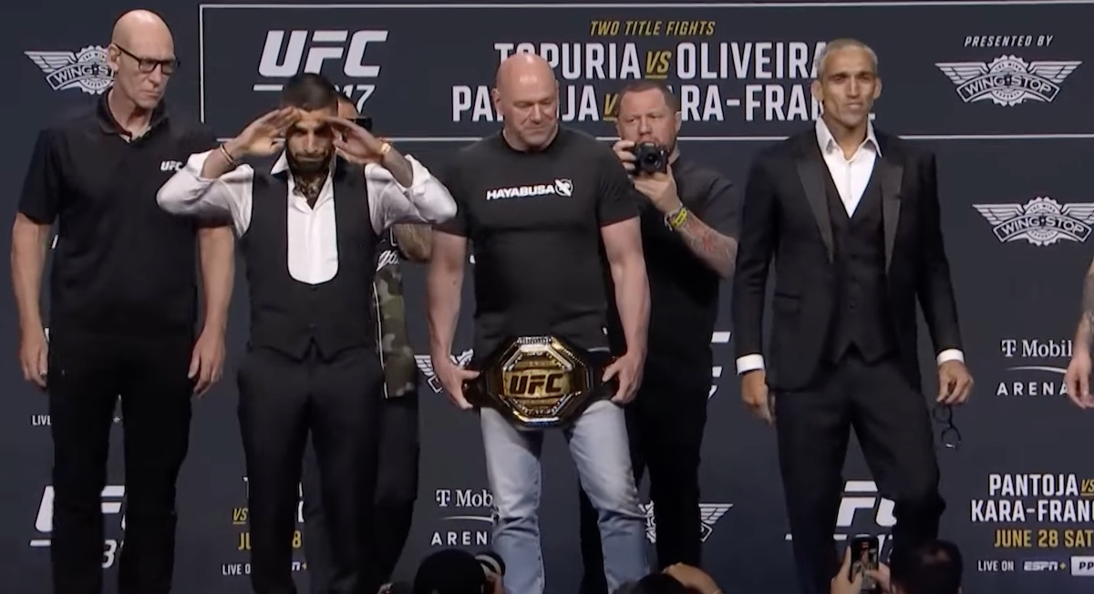 Ilia Topuria y Charles Oliveira, en la previa del UFC 317.